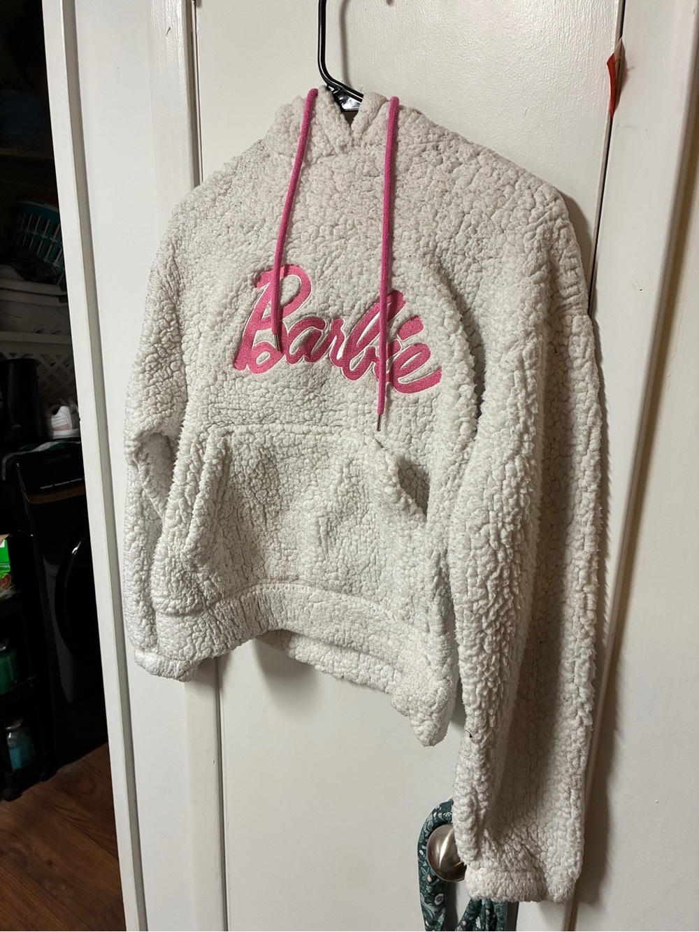 Barbie Cream Sherpa Pullover Hoodie with Pink Logo & Drawstrings